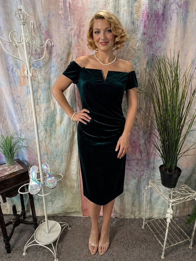 New Xscape Elegance Velvet Retro Style Off-The-Shoulder Ruffle Dress